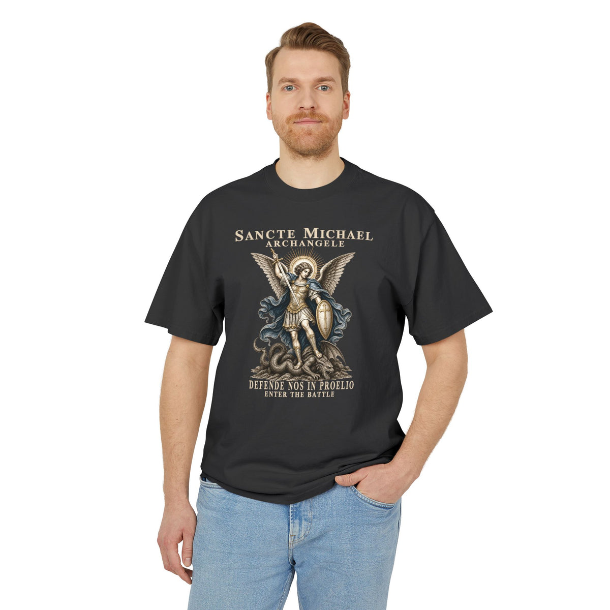 St. Michael Defend Us in Battle Men’s Heavyweight Tee